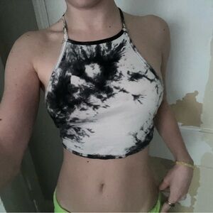 Black and White Tie-Dye Halter Crop Top